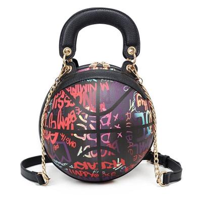 China Fashion Women's Graffiti Letter Basketball Shaped Purse Girls Round Purse Shoulder Body PU Cross Messenger Bag Adjustable Strap for sale