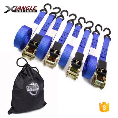 China Polyester 4pc set 25mm cam buckle lashing belt easy to use ratchet tie down belt with rubber grip and double s hooks for sale