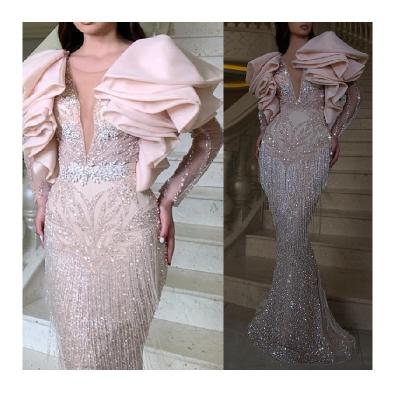 China JBeiL Breathable Ruffles Sequined Tassel V-Neckline Plus Size Mermaid Evening Dresses Vestido De Noite for sale