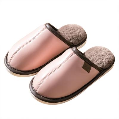 China New PU Cotton Light Weight Couples Winter Non-slip Home Slippers Lightweight Leather Waterproof Home Warmer Platform Shoes Female Imprisonment Shoes for sale