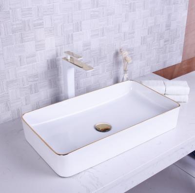 China Gold Easy Clean European Ceramic Glossy Finish Balance Basin Art Design Rectangular Wash Basin for sale