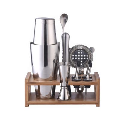 China Sustainable Bamboo Rack 10 Pcs Set Bar Accessories Stainless Steel Bartender Kit Cocktail Shaker Set With Rack for sale