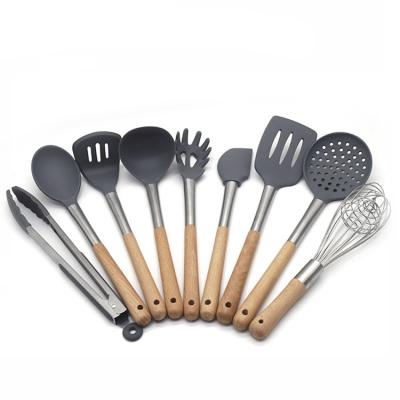 China Amazon 9 PCs Sustainable Hot Selling Wooden Stainless Steel Silicone Kitchenware Cookware Set for sale