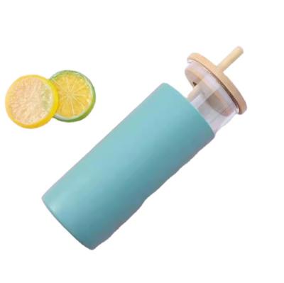 China New CLASSIC Bamboo Cover Silica Gel Mug Cover Glass Cup With Straw for sale