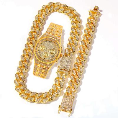 China Wholesale Hiphop Rapper Gold Plated Jewelry Necklace Set Luxury Gold Cuban Chain Quartz Hand Watch Bling Wristwatches Set for sale