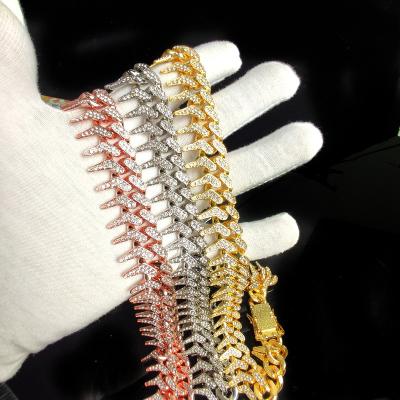 China Hot Sale Stainless Steel Gold Plated Miami Cuban Link Chain Link Chain Bling Zircon Lab Diamond Thorns Necklace Fashion Hiphop for sale