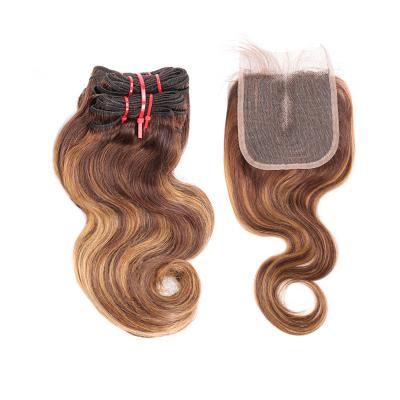 China Body Wave Rshow Piano Color P4-27 Virgin Brazilian Unprocessed Cuticle Aligned Hair Bundles Bundles Body Wave With Lace Front Closure for sale