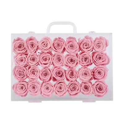 China Beautiful Creative Design Colorful Style Valentine Gift Preserved Flowers Rose Head in Acrylic Transparent Suitcase for sale