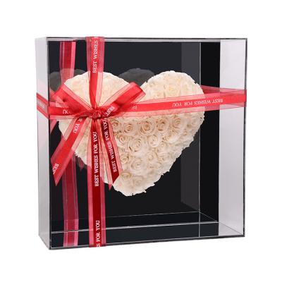 China Real nature The Luxurious Medium Square Acrylic Rose Flower Gift Box is equipped with heart-shaped mirror and love flower for lover for sale