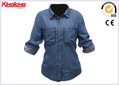 China Indigo-Denim-Hemd im Freien dunkelblau, lange Ärmel-Denim-Hemd-Mode für Frauen zu verkaufen