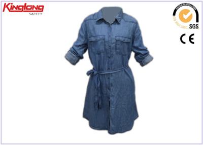 China Sola camisa de vestir para las mujeres, camisa sin mangas del dril de algodón de la longitud del becerro de Breasted de Jean del dril de algodón en venta