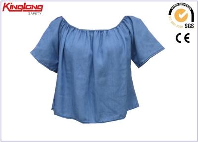 China Short Sleeve Cooling Summer Wear Blue Denim Shirt For Womens , Jean Cloth for sale