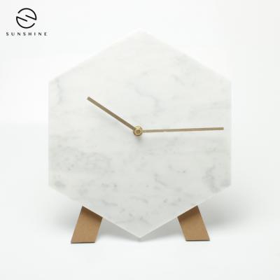 China Style Antique Luxury Bedroom Hexagon Stone Marble Decorative Wall Clock for sale