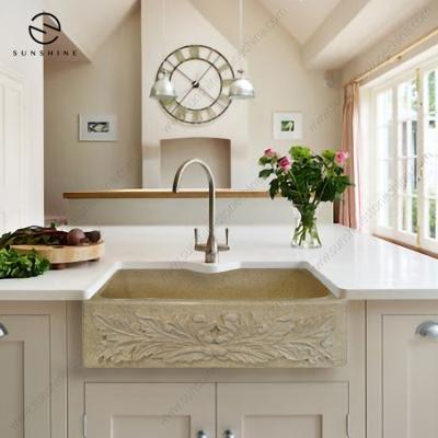 China Without Faucet Real Galala Marble Stone Custom Size Single Bowl Apron Kitchen Farmhouse Sink for sale