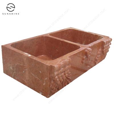 China Without Faucet Rojo Alicante Red Marble Stone Double Bowl Carving Apron Kitchen Farmhouse Sink for sale