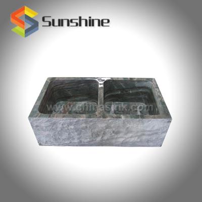 China Faucetless Royal Granite Chiseled Front Double Bowls Natural Stone Farmhouse Sink for sale