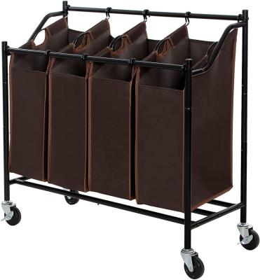 China Sustainable Hot Selling Removable Folding Steel Frame 4 Section Rolling Laundry Sorter Cart 4 Heavy Duty Bags for sale