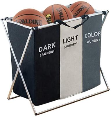 China 2020 Best 3 Companrtment 100% Polyester Fabric Frame Laundry Cloth Basket Sorter Sustainable Sale Aluminum Folding Laundry Hamper for sale