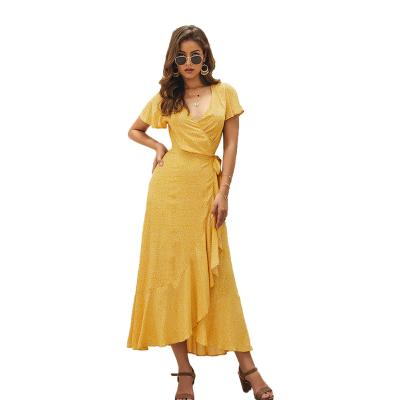 China Breathable Casual Loose Solid Color Dresses Women Viable Natural V-Neckline Short Sleeve Bridesmaids Dress Office Lady Dresses for sale