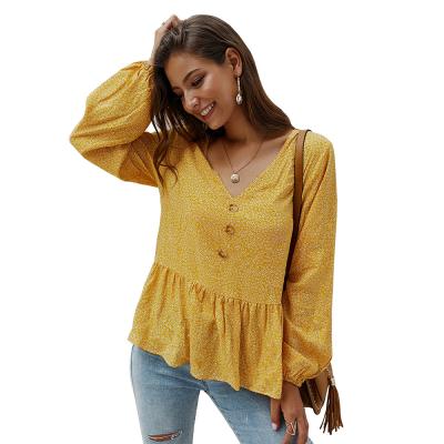 China High Quality Fashion Floral Anti-pilling Breathable Female Tops V Neck Long Sleeve Button Women Shirt Summer Chiffon Shirt for sale