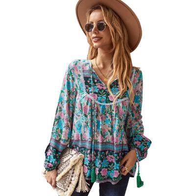 China Long Sleeve Girls Chiffon Shirt Ladies Shirt Women's Anti-pilling Natural V-Neckline Independent Folk Loose Shirt Wholesale for sale