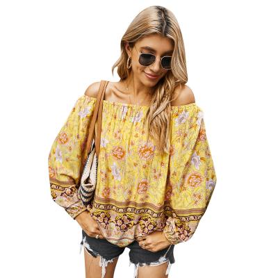 China Anti-pilling 2022 Independent Folk Floral-Painted Chiffon Shirt New Arrivals Breathable Natural Neck Slash Long Sleeve Loose Ladies Top for sale