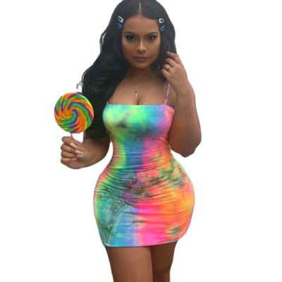 China 2020Trendy Fashion Bodycon Girl's Casual Mini Tie Dye Summer Dresses Women's Breathable Strapless Sleeveless Dress for sale