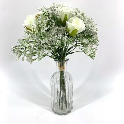 China 50% Wholesale 33cm Artificial Flower 13inches 33cm Hot Sale Silk Rose Babysbreath Bush Wedding Bouquet Home Silk Floral Decor for sale