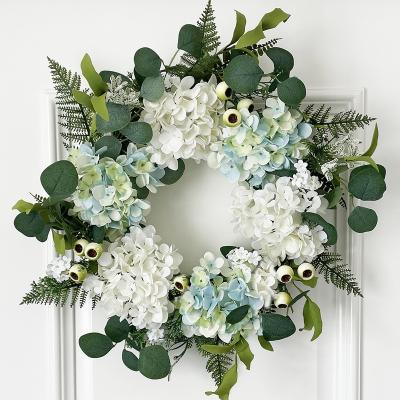 China 20 inch Artificial/Handmade Blue White Artificial Hydrangea Wreath with Eucalyptus Leaf Spring Summer Home Decor for Wedding for sale