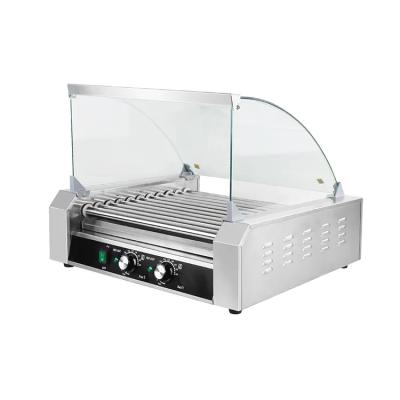 China Body S.S.201 CE Certified Hot Selling Electric 11 Rolls 30 Hot Dogs Sausage Grill Hot Dog Machine With Glass Cover For Commercial Use for sale