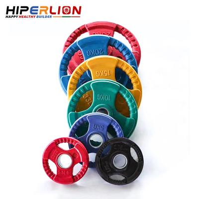 China Tri Weight Plate Rubber Bumper 3 Hole Discos De Peso Gym 5lb 25kg Rubber Grip for sale