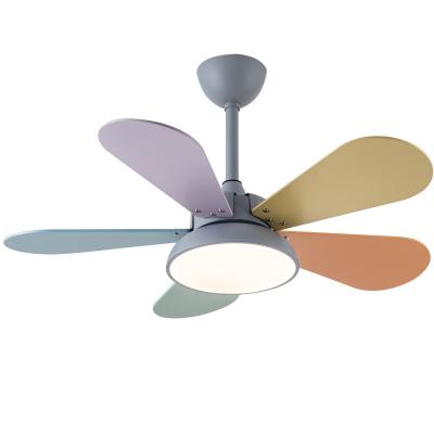 China Remote Control 5*wood Blade Colored Leaves Ceiling Fans 220V Wood With Lights 42 Inch Wind Blades Fans Nordic Industrial Remote Fan Lamp for sale