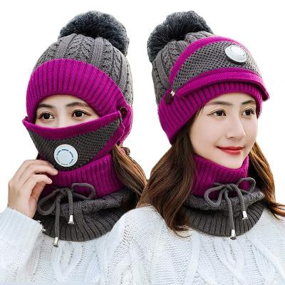 China 2020 New Knitted 3 Pieces Women's Hat 100% Polyester Warmer Winter Hat Scarf For Ladies Girls Beanies Warm Fleece Hat for sale