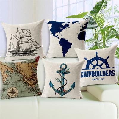 China Sailing Boat Decorative Nautical Map Anchor Sea Style Pillows Cushion Cover Canvas Car Sofa Hotel Home Decor 45x45cm for sale