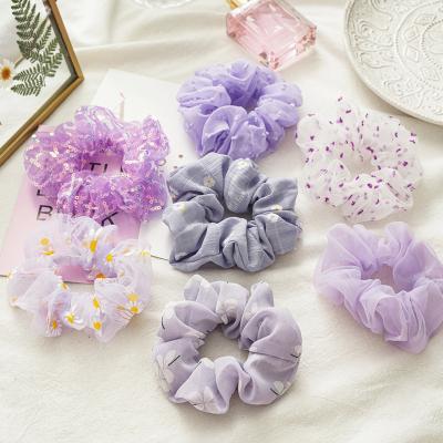 China Fashion Wholesale Women Fashion Elastic Ponytail Holders Sequin Hair Accessories Hair Ties Purple Yarn Flower Scrunchies for sale