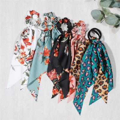 China Wholesale Popular Printing Silk Hair Scrunchies Long Hair Accessary Ribbon Bow Elastic Hair Scrunchies for sale