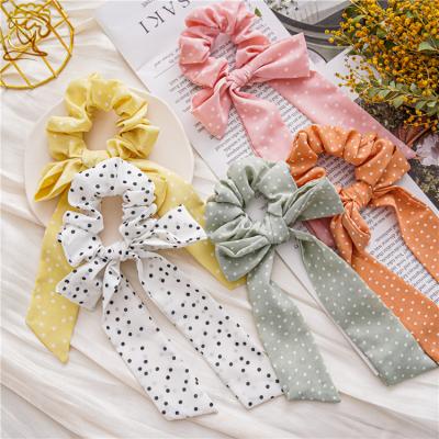 China Women's Fashion Polka Dots Bow Scarf Scrunchies Hair Tie Small Solid Color Hair Accessories Korean Elastic Ponytail for sale