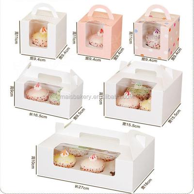 China Recycled Materials Kraft Paper Bakery Use 4 White Cupcake Boxes With Clear Window And Handle for sale