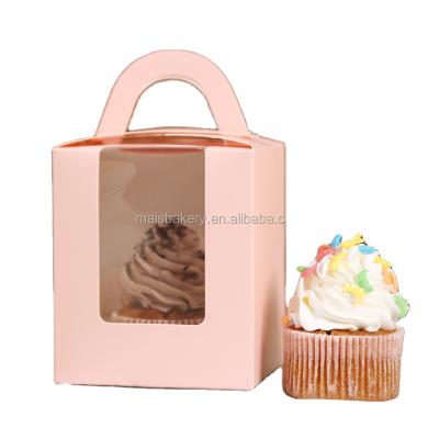 China Recycled Materials Bakry Use Simple Muffin Pink Cupcake Box With Clear Window for sale