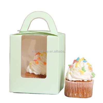 China Recycled Materials Clear Window Custom Printed Cupcake Boxes Holder With Handle for sale