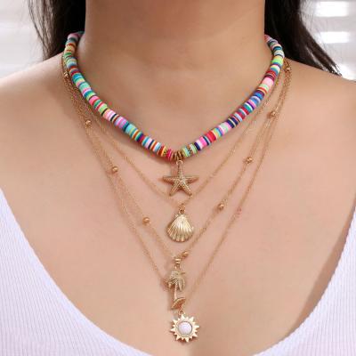 China Vintage Fashion Jewelry Polymer Clay Starfish Shell Vintage Sun Multi Layer Pendant Necklace AP118 for sale