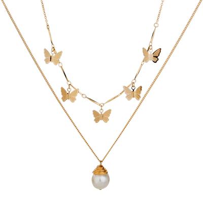 China Vintage Fashion Nature Pearl Necklace Punk Layered Charm Butterfly Necklace AP113 for sale