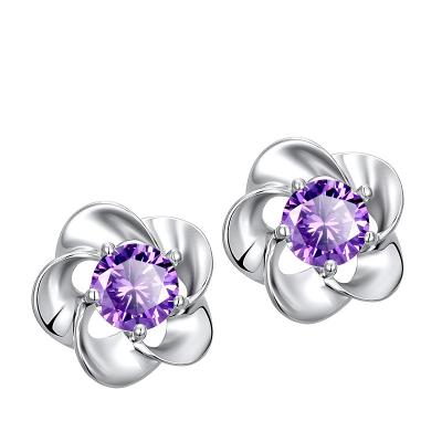 China Vintage Japanese Women's S925 Silver Amethyst and Korean Earrings Stud Hypoallergenic Crown Chrysanthemum Dolphin Zircon AP006 for sale