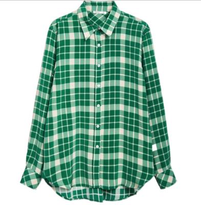 China Anti-pilling turn-down collar blouses women main 2021 button up shirts female silk clothing long plaid blouse shirts for sale