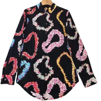 China Anti-pilling blouse with garland love print long sleeve shirts elegant turn-down collar blouse European style printing for sale