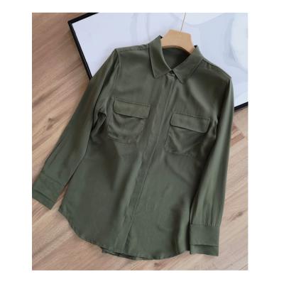 China QUICK DRY Classic Women's Green Shirt Plain Customize High Quality Officewear 100% Pure Silk Ladies Long Sleeve Top Blouse for sale