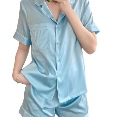 China New Fashion QUICK DRY Pajamas Short Sleeve Set Pure Color Women's Silk Pajamas Set for sale