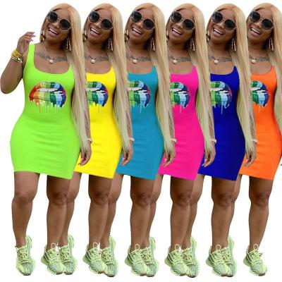 China SZ-NKYM004OEM 2021 Women Halter Dress Summer Wear Lip Print Women Solid Color Bodycon Vest Dress for sale