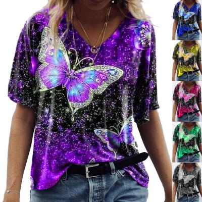 China S~5xl New Women Breathable Short Sleeve V-Neck Fashion Butterfly Love Rose Digital Printing Ladies Oversize T-shirt for sale