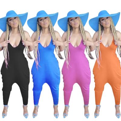 China Fashion GP-CM2136 Ladies Solid Color Spaghetti Strap Overalls V Neck Deep Collapse Loose One Piece Overalls for sale